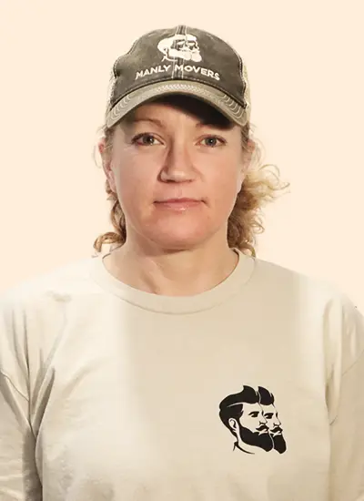 A woman wearing a t - shirt with a beard.
