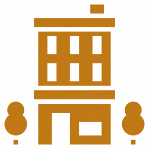 An orange building icon on a striped background.