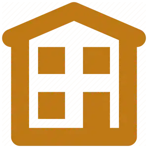 A house icon on an orange background.