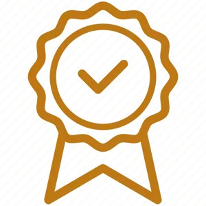 An orange award icon on a striped background.