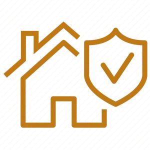 An orange house icon on a striped background.