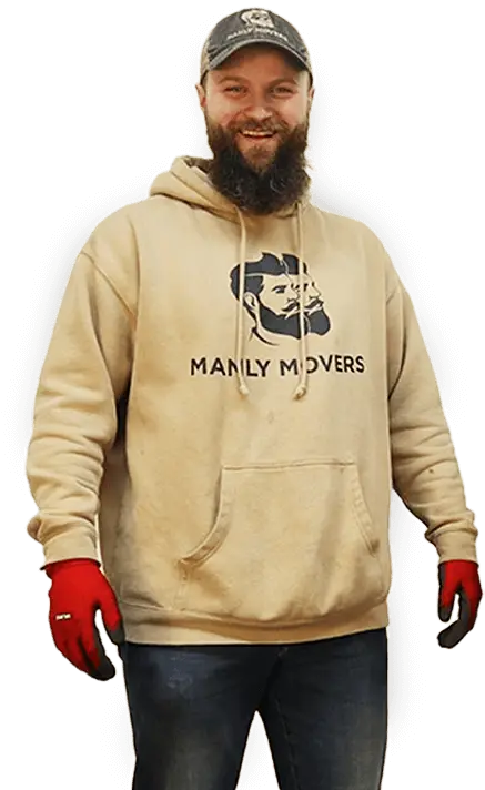 A bearded man wearing a hoodie and gloves.