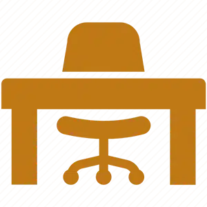 A desk icon on a striped background.